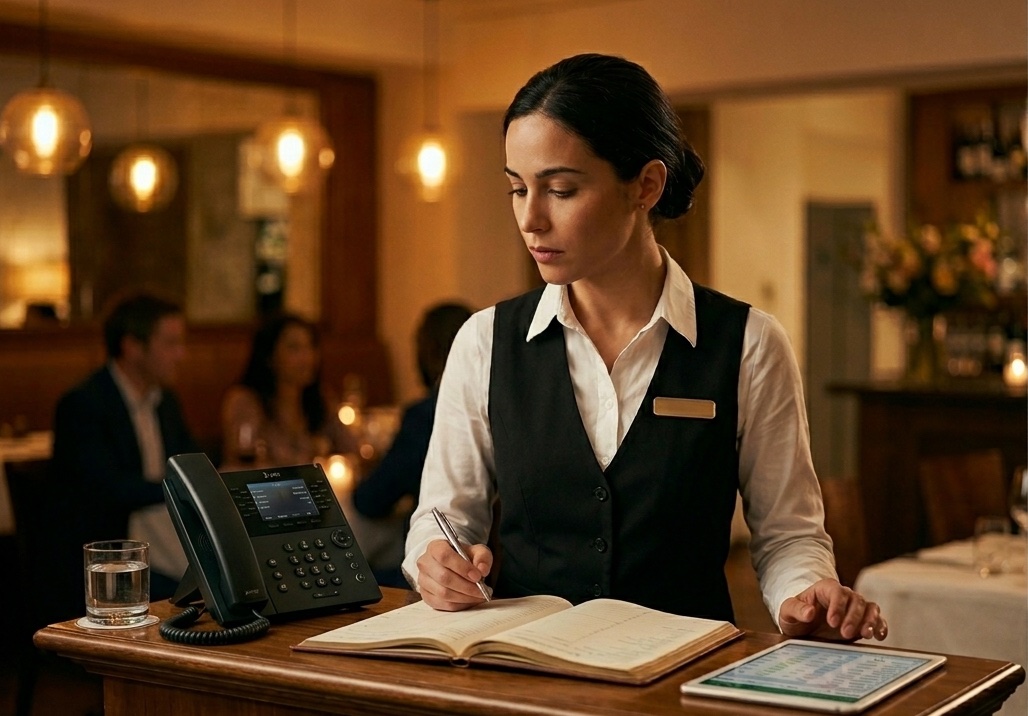 Restaurant hostess reviewing the reservation book and order dashboard