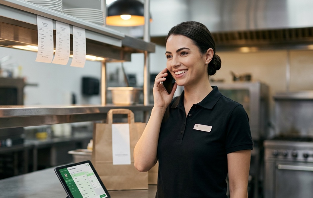 Cloud kitchen staff member taking a phone order in a commercial kitchen