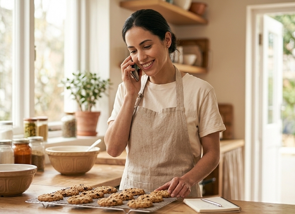 A home baker on the phone taking an order while pulling cookies off the rack