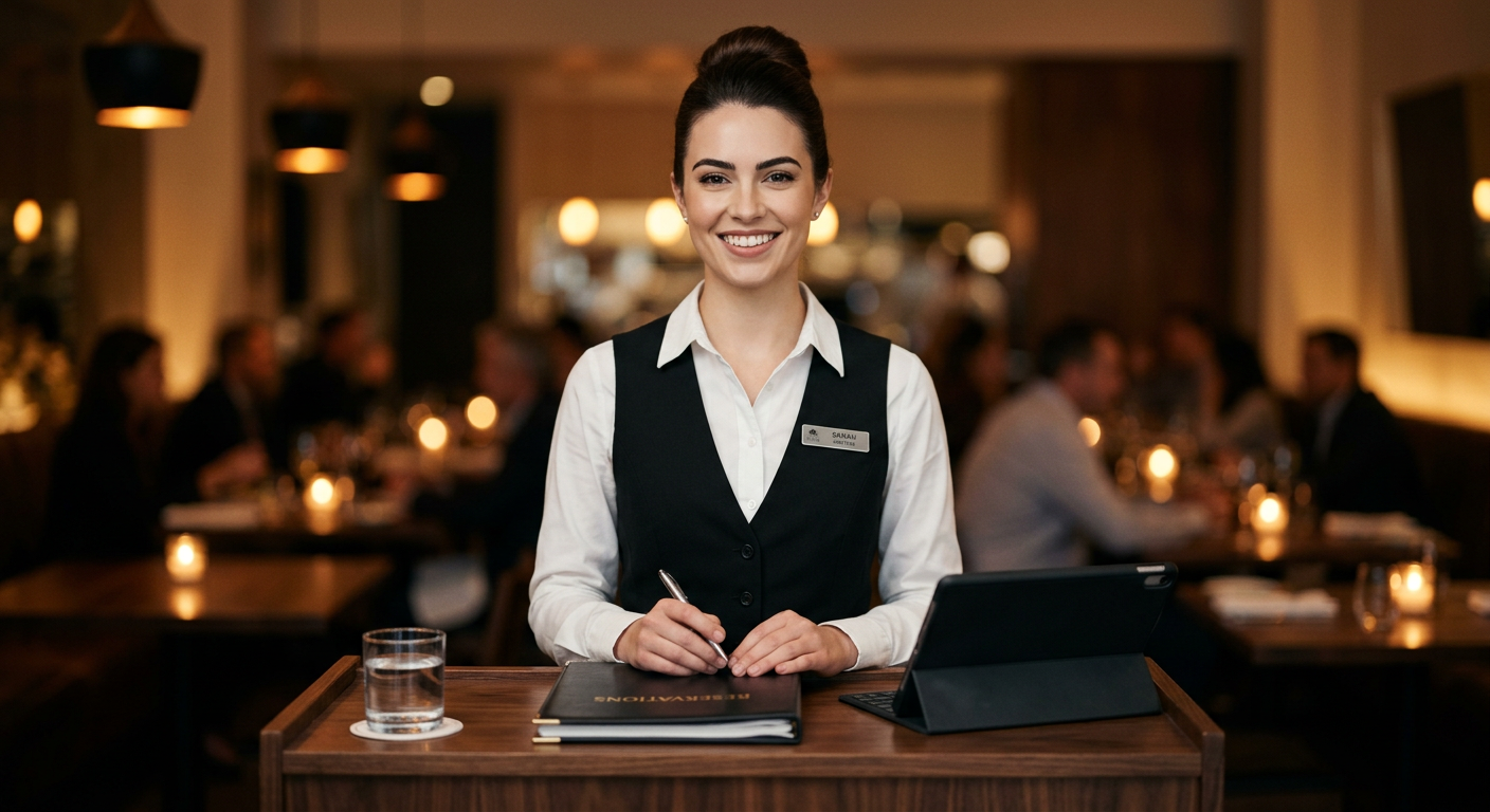 Restaurant hostess smiling and writing in a reservation book