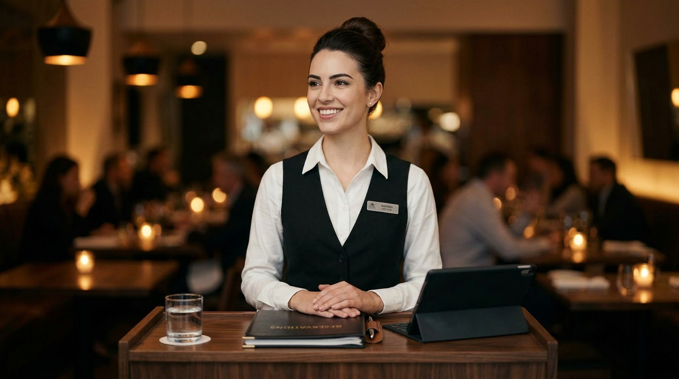 Restaurant hostess at a host stand in a warm dining room