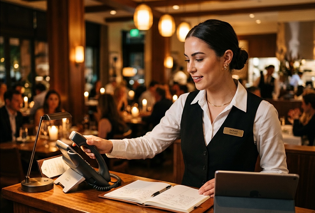 Restaurant hostess reaching to answer a ringing phone